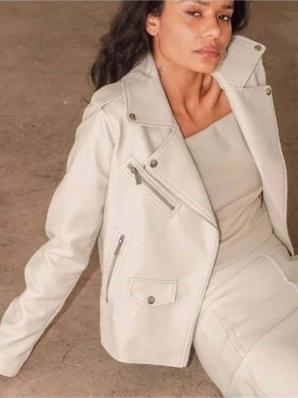 Lulus Women’s Out for the Night Vegan Leather Moto Jacket Beige size Medium